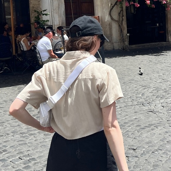 Mint Womens Cropped Collar Button Up Tan Textured Top Casual Cabana Preppy Small - Picture 4 of 10